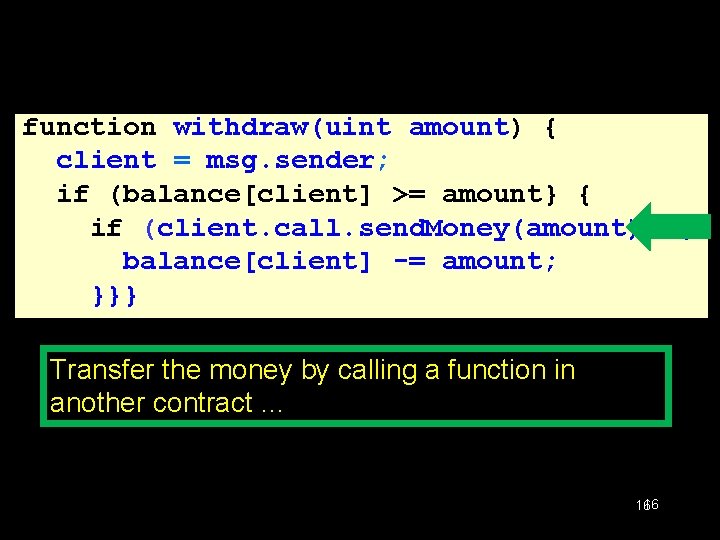 Schematic DAO Code function withdraw(uint amount) { client = msg. sender; if (balance[client] >=