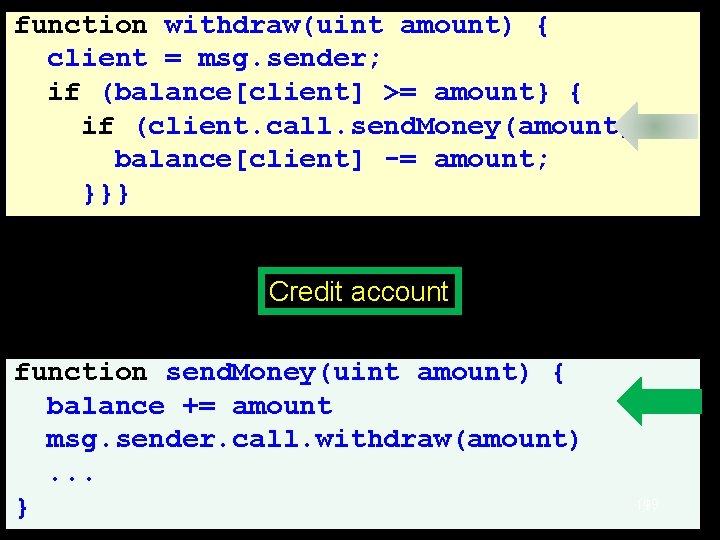 function withdraw(uint amount) { client = msg. sender; if (balance[client] >= amount} { if