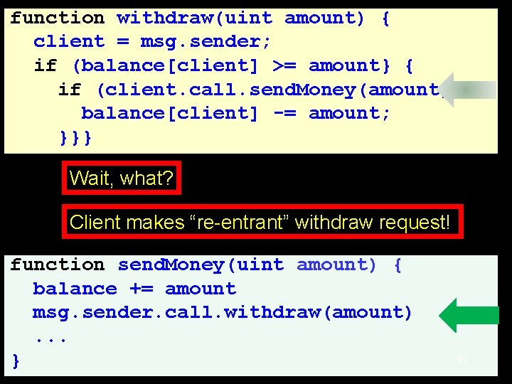 function withdraw(uint amount) { client = msg. sender; if (balance[client] >= amount} { if