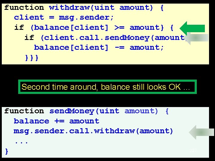function withdraw(uint amount) { client = msg. sender; if (balance[client] >= amount} { if