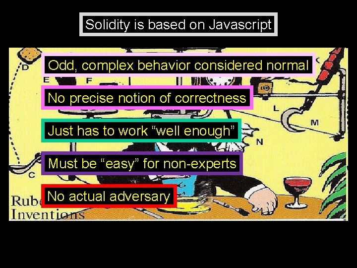 Solidity is based on Javascript Odd, complex behavior considered normal No precise notion of Solidity is based on Javascript Odd, complex behavior considered normal No precise notion of