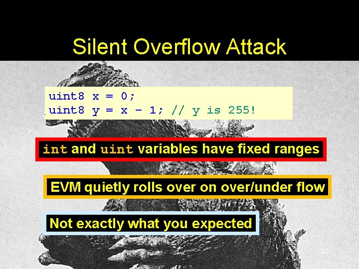 Silent Overflow Attack uint 8 x = 0; uint 8 y = x – Silent Overflow Attack uint 8 x = 0; uint 8 y = x –