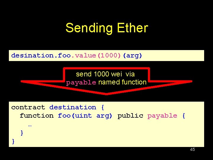 Sending Ether desination. foo. value(1000)(arg) send 1000 wei via payable named function contract destination Sending Ether desination. foo. value(1000)(arg) send 1000 wei via payable named function contract destination