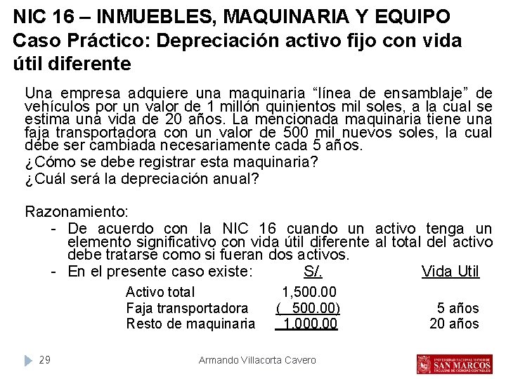 NIC 16 – INMUEBLES, MAQUINARIA Y EQUIPO Caso Práctico: Depreciación activo fijo con vida