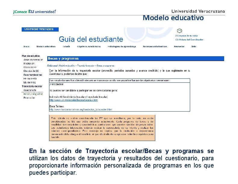 Modelo educativo En la sección de Trayectoria escolar/Becas y programas se utilizan los datos