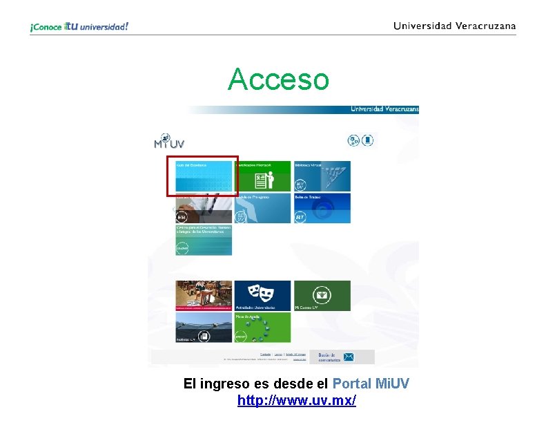 Acceso El ingreso es desde el Portal Mi. UV http: //www. uv. mx/ 