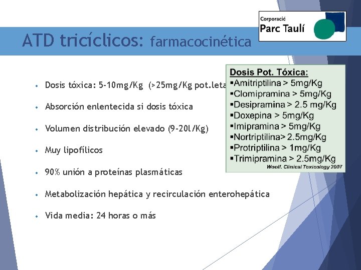 ATD tricíclicos: farmacocinética • Dosis tóxica: 5 -10 mg/Kg (>25 mg/Kg pot. letal) •