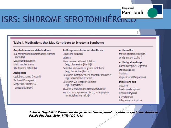 ISRS: SÍNDROME SEROTONINÉRGICO Ables A, Nagubilli R. Prevention, diagnosis and management of serotonin syndrome.