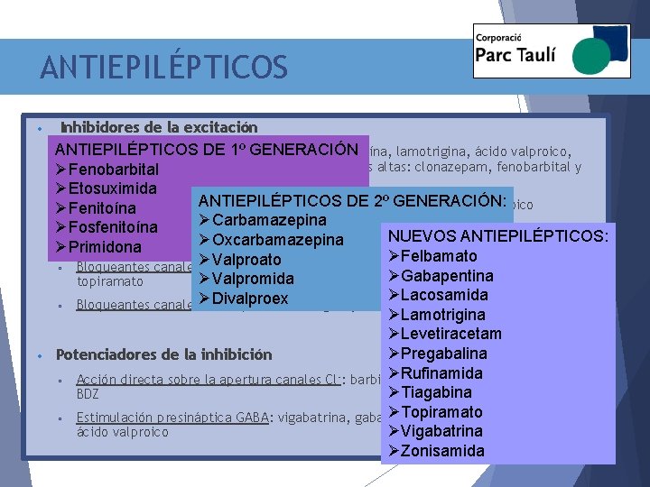 ANTIEPILÉPTICOS • • Inhibidores de la excitación ANTIEPILÉPTICOS GENERACIÓN ▫ Bloqueantes canales DE Na+: