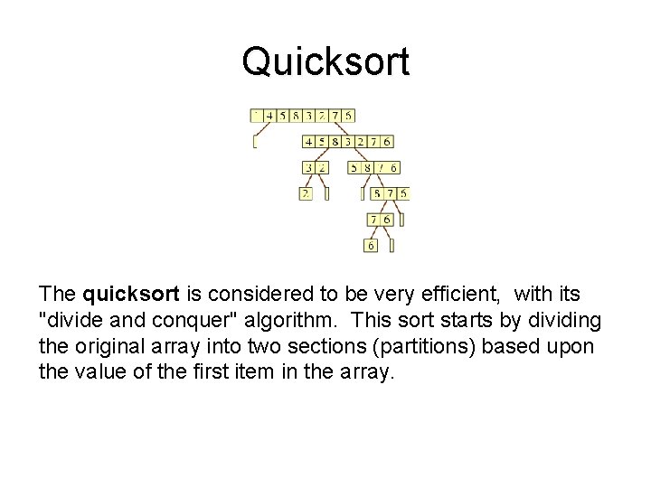 Quicksort The quicksort is considered to be very efficient, with its "divide and conquer"