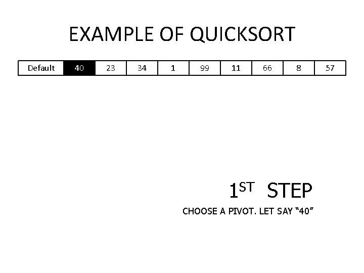 EXAMPLE OF QUICKSORT Default 40 23 34 1 99 11 66 8 1 ST