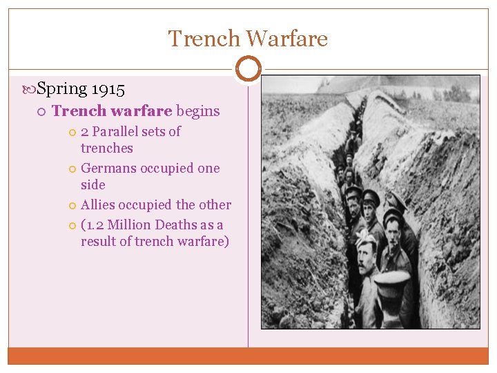 Trench Warfare Spring 1915 Trench warfare begins 2 Parallel sets of trenches Germans occupied