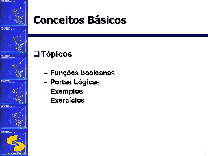 Conceitos Básicos q Tópicos – – DSC/CEEI/UFCG Funções booleanas Portas Lógicas Exemplos Exercícios 2