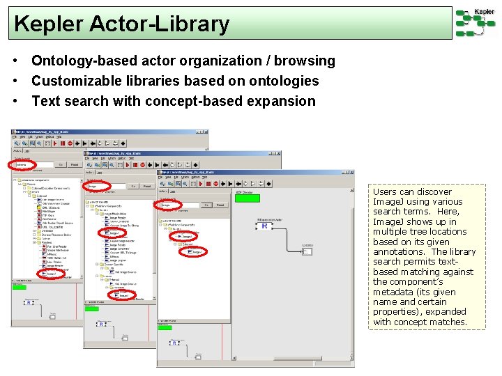 Kepler Actor-Library • Ontology-based actor organization / browsing • Customizable libraries based on ontologies