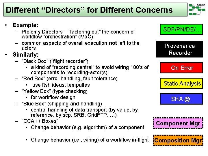 Different “Directors” for Different Concerns • Example: – Ptolemy Directors – “factoring out” the