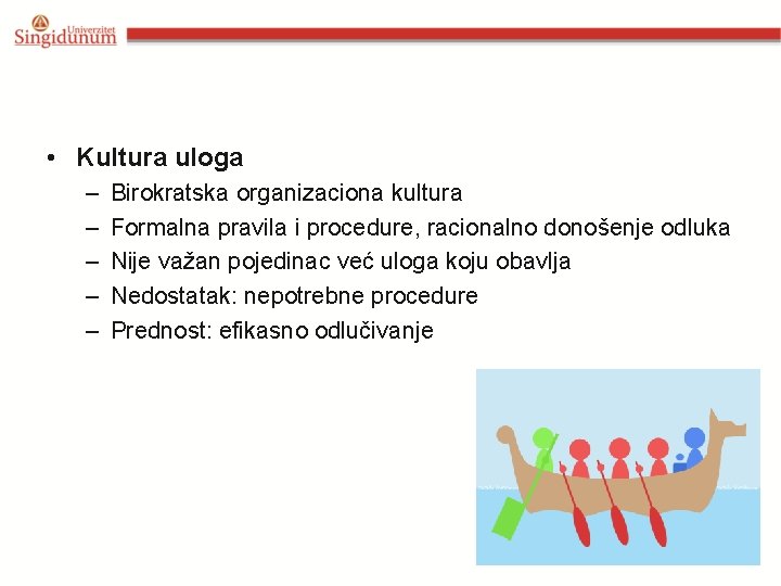  • Kultura uloga – – – Birokratska organizaciona kultura Formalna pravila i procedure,