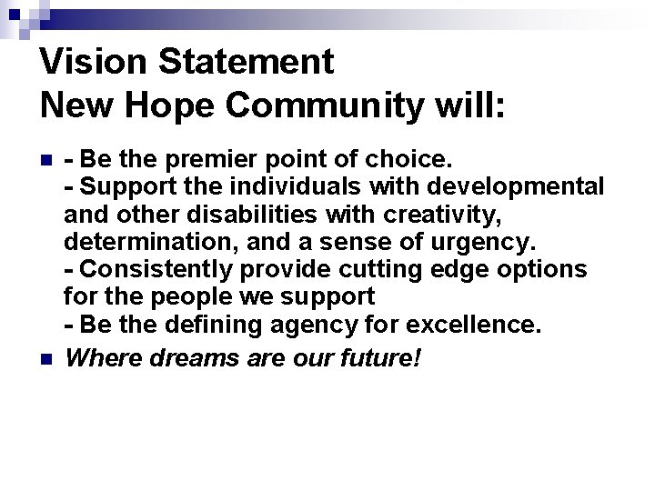 Vision Statement New Hope Community will: n n - Be the premier point of