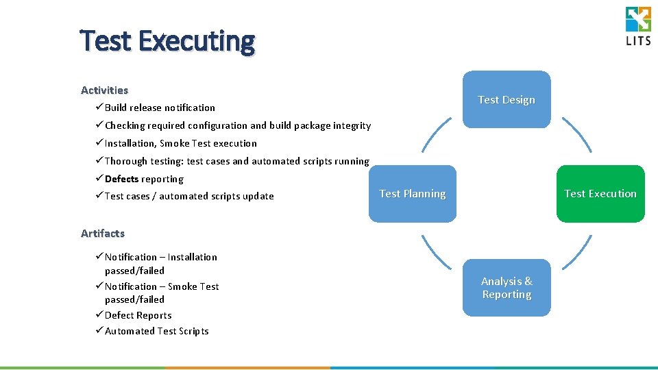 Test Executing Activities Test Design ü Build release notification ü Checking required configuration and