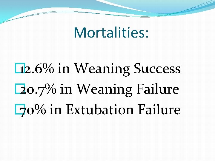 Mortalities: � 12. 6% in Weaning Success � 20. 7% in Weaning Failure �