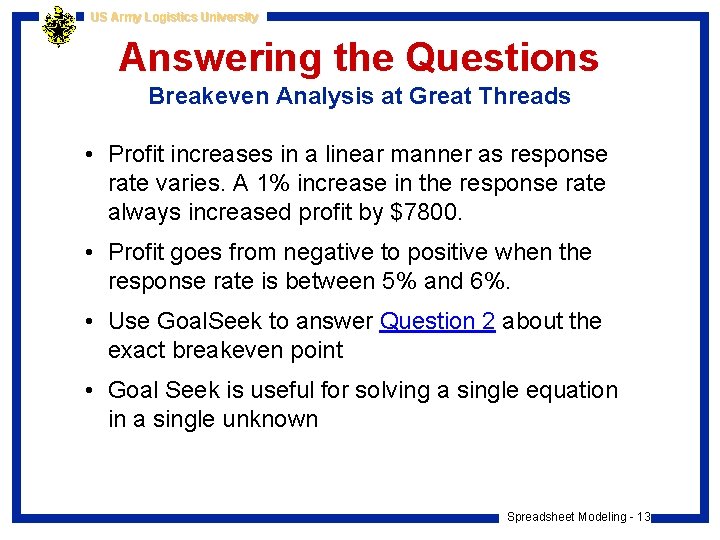 US Army Logistics University Answering the Questions Breakeven Analysis at Great Threads • Profit