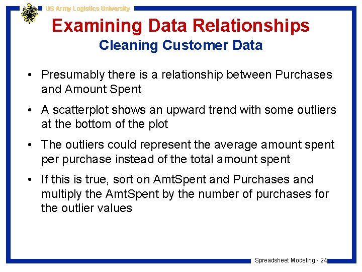 US Army Logistics University Examining Data Relationships Cleaning Customer Data • Presumably there is