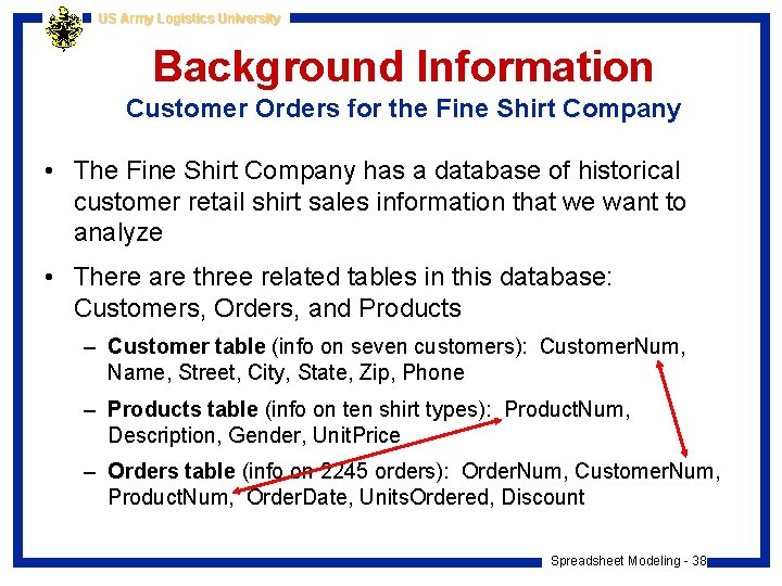 US Army Logistics University Background Information Customer Orders for the Fine Shirt Company •