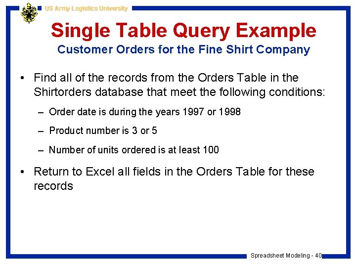 US Army Logistics University Single Table Query Example Customer Orders for the Fine Shirt