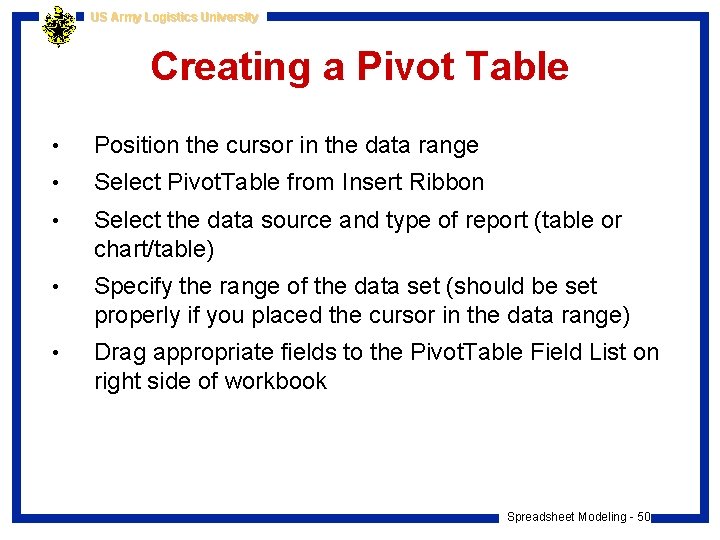 US Army Logistics University Creating a Pivot Table • Position the cursor in the