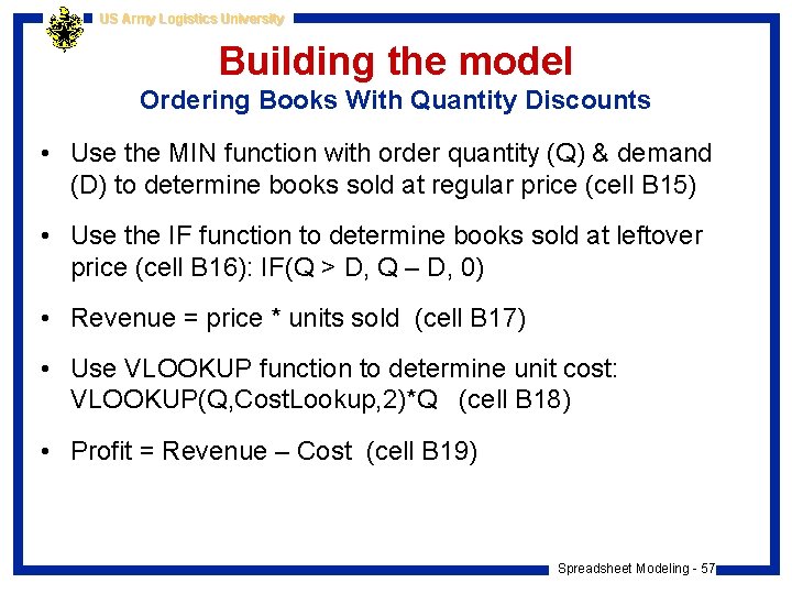 US Army Logistics University Building the model Ordering Books With Quantity Discounts • Use