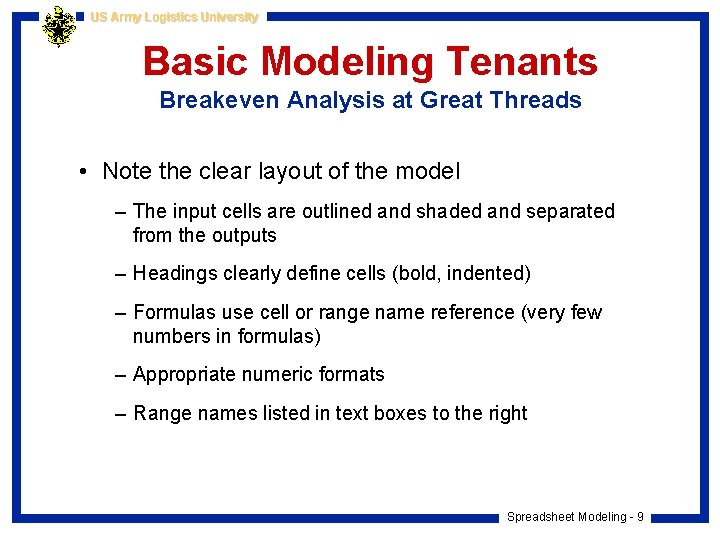 US Army Logistics University Basic Modeling Tenants Breakeven Analysis at Great Threads • Note