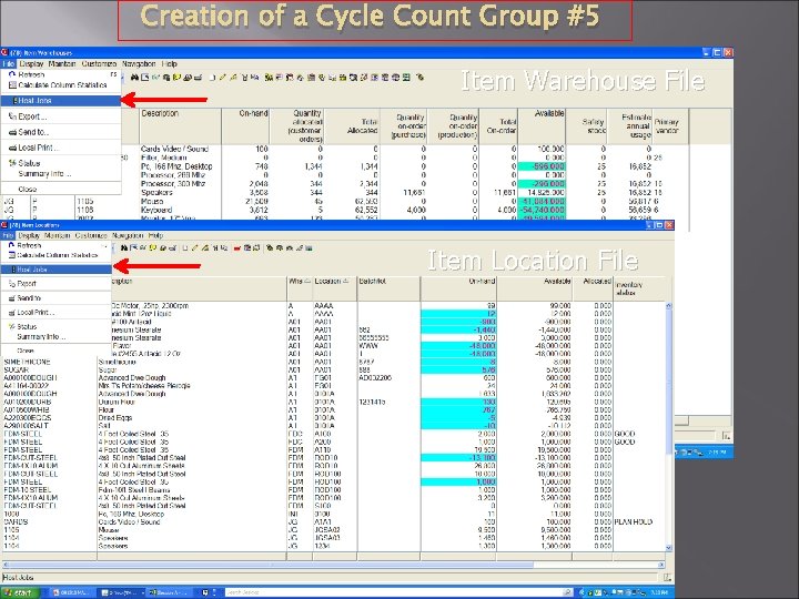 Creation of a Cycle Count Group #5 Item Warehouse File Item Location File 