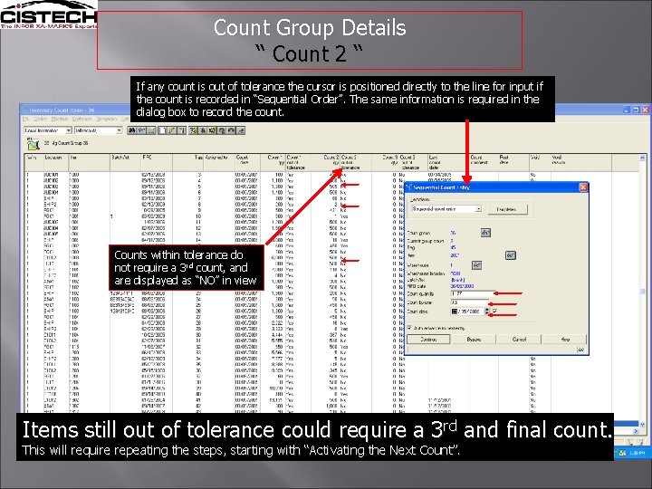 Count Group Details “ Count 2 “ If any count is out of tolerance