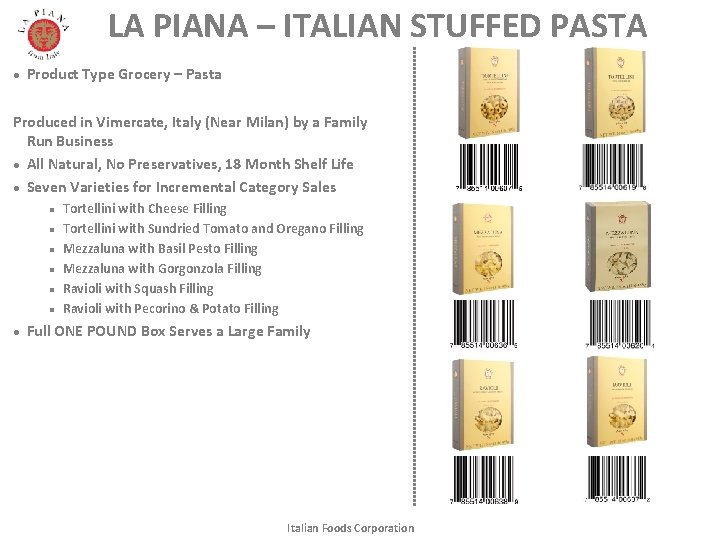 LA PIANA – ITALIAN STUFFED PASTA l Product Type Grocery – Pasta Produced in LA PIANA – ITALIAN STUFFED PASTA l Product Type Grocery – Pasta Produced in