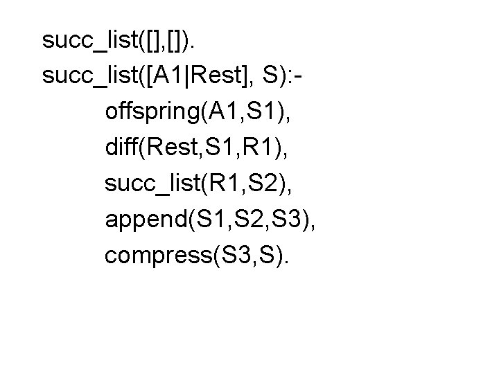 succ_list([], []). succ_list([A 1|Rest], S): offspring(A 1, S 1), diff(Rest, S 1, R 1),