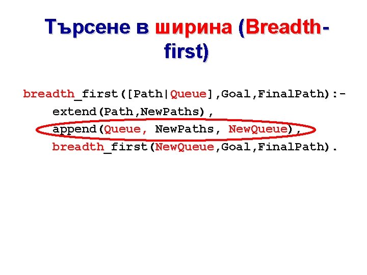 Търсене в ширина (Breadthfirst) breadth_first([Path|Queue], Goal, Final. Path): extend(Path, New. Paths), append(Queue, New. Paths,