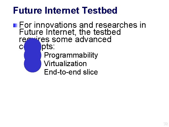 Future Internet Testbed For innovations and researches in Future Internet, the testbed requires some