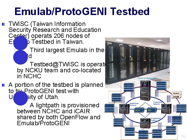 Emulab/Proto. GENI Testbed TWISC (Taiwan Information Security Research and Education Center) operats 206 nodes