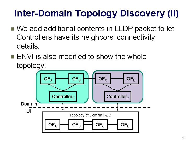 Inter-Domain Topology Discovery (II) n n We additional contents in LLDP packet to let