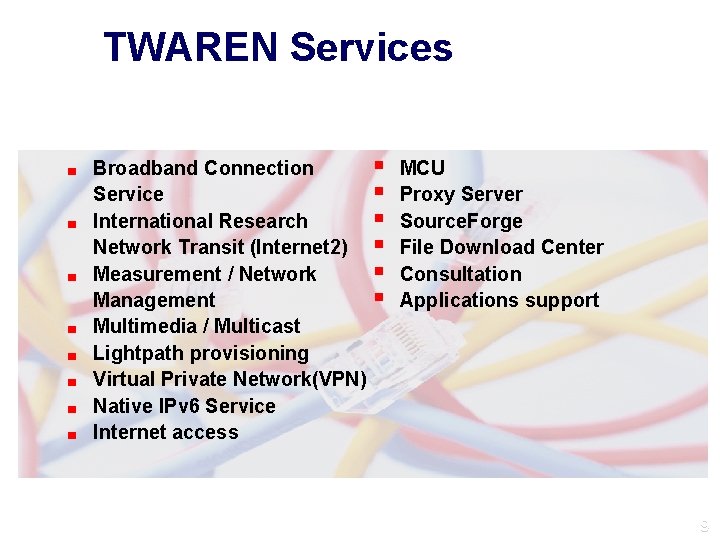 TWAREN Services ■ ■ ■ ■ Broadband Connection Service International Research Network Transit (Internet