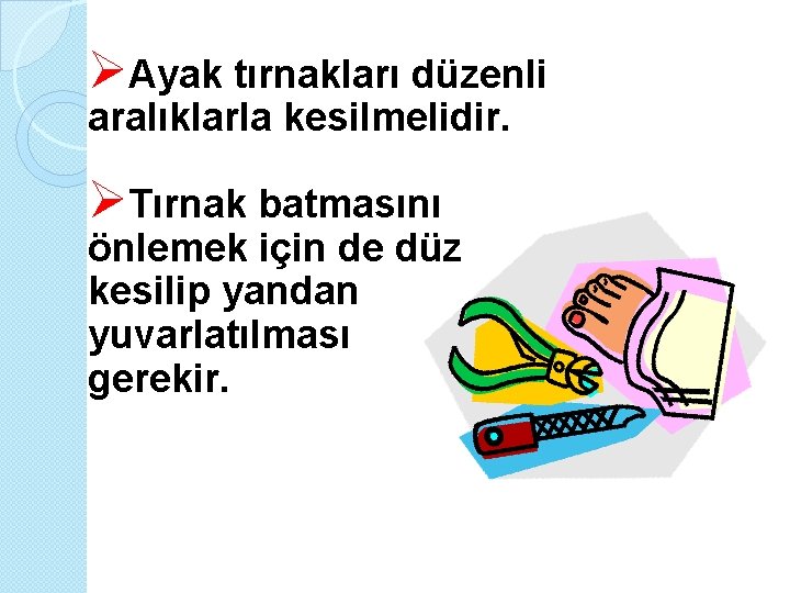  Ayak tırnakları düzenli aralıklarla kesilmelidir. Tırnak batmasını önlemek için de düz kesilip yandan