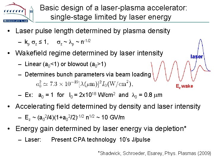 Basic design of a laser-plasma accelerator: single-stage limited by laser energy • Laser pulse