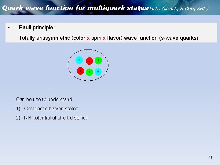 Quark wave function for multiquark states (W. Park, A. Park, S. Cho, SHL) •