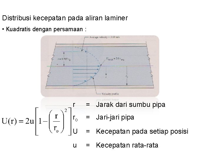 Distribusi kecepatan pada aliran laminer • Kuadratis dengan persamaan : r = Jarak dari