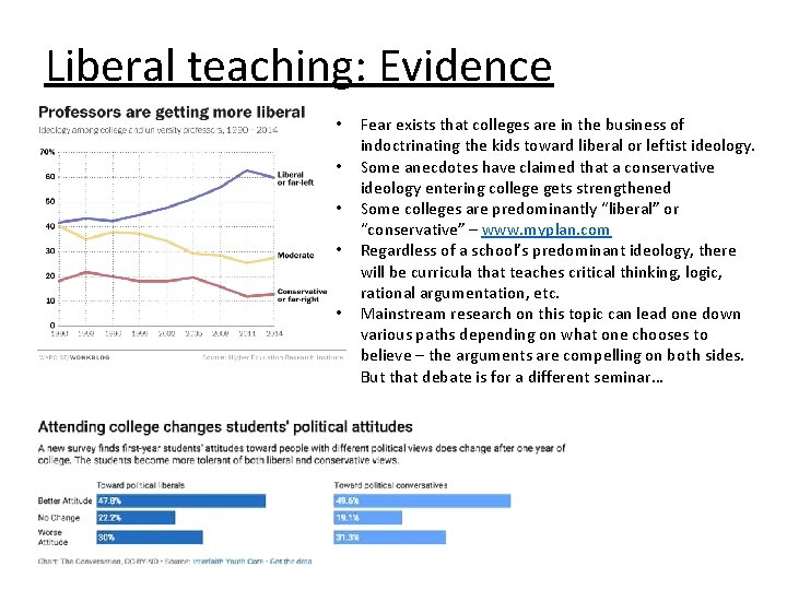 Liberal teaching: Evidence • • • Fear exists that colleges are in the business