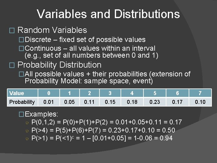 Variables and Distributions � Random Variables �Discrete – fixed set of possible values �Continuous