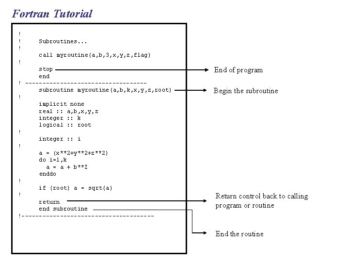 Fortran Tutorial ! ! ! Subroutines. . . call myroutine(a, b, 3, x, y,