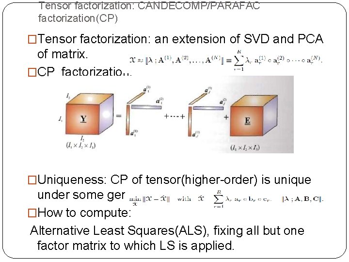 Tensor factorization: CANDECOMP/PARAFAC factorization(CP) �Tensor factorization: an extension of SVD and PCA of matrix.