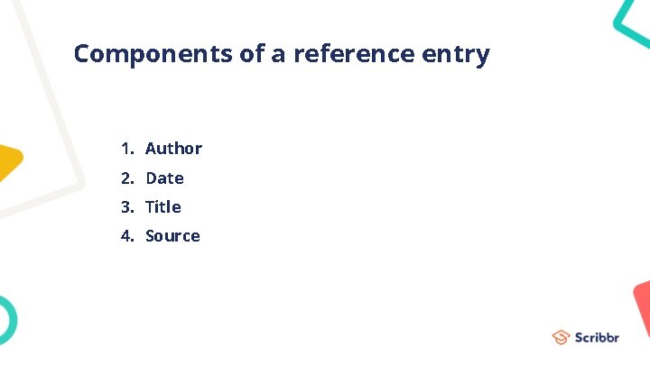 Components of a reference entry 1. Author 2. Date 3. Title 4. Source 