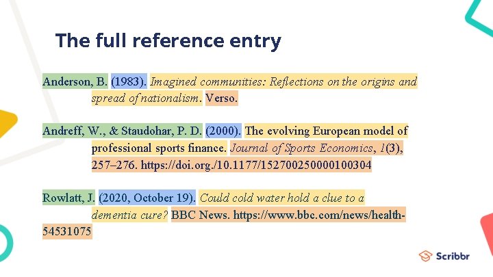 The full reference entry Anderson, B. (1983). Imagined communities: Reflections on the origins and