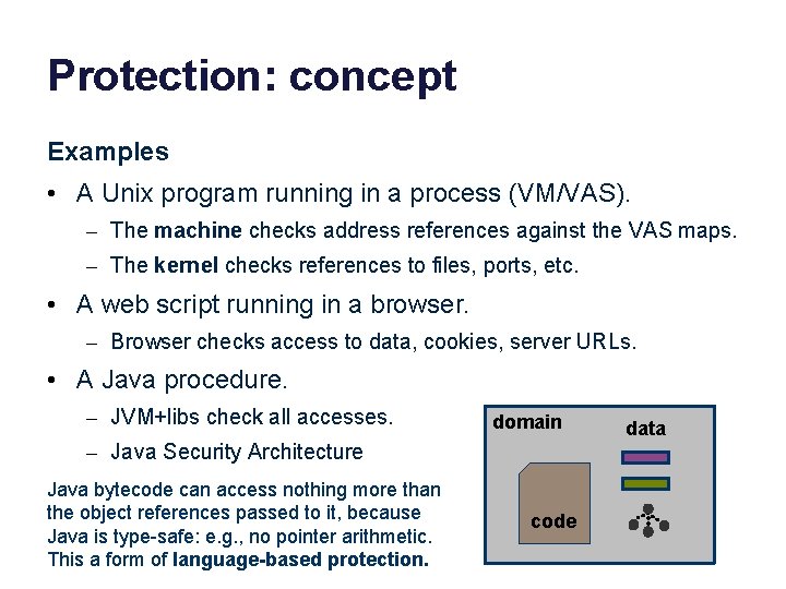 Protection: concept Examples • A Unix program running in a process (VM/VAS). – The